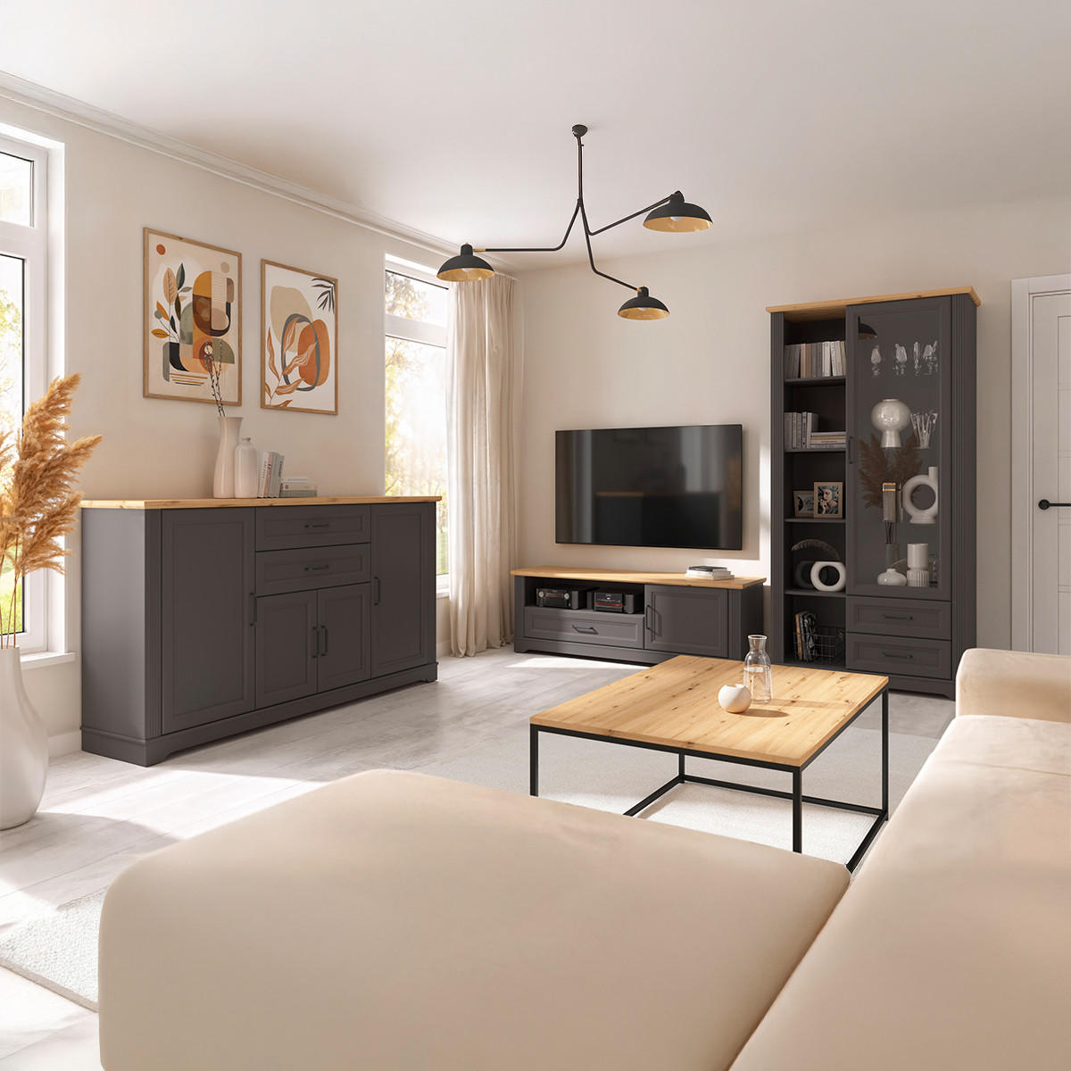 VITRÍNA Charlie Grey - šedá, kompozitní dřevo (168/146/42cm) - Petits-meubles