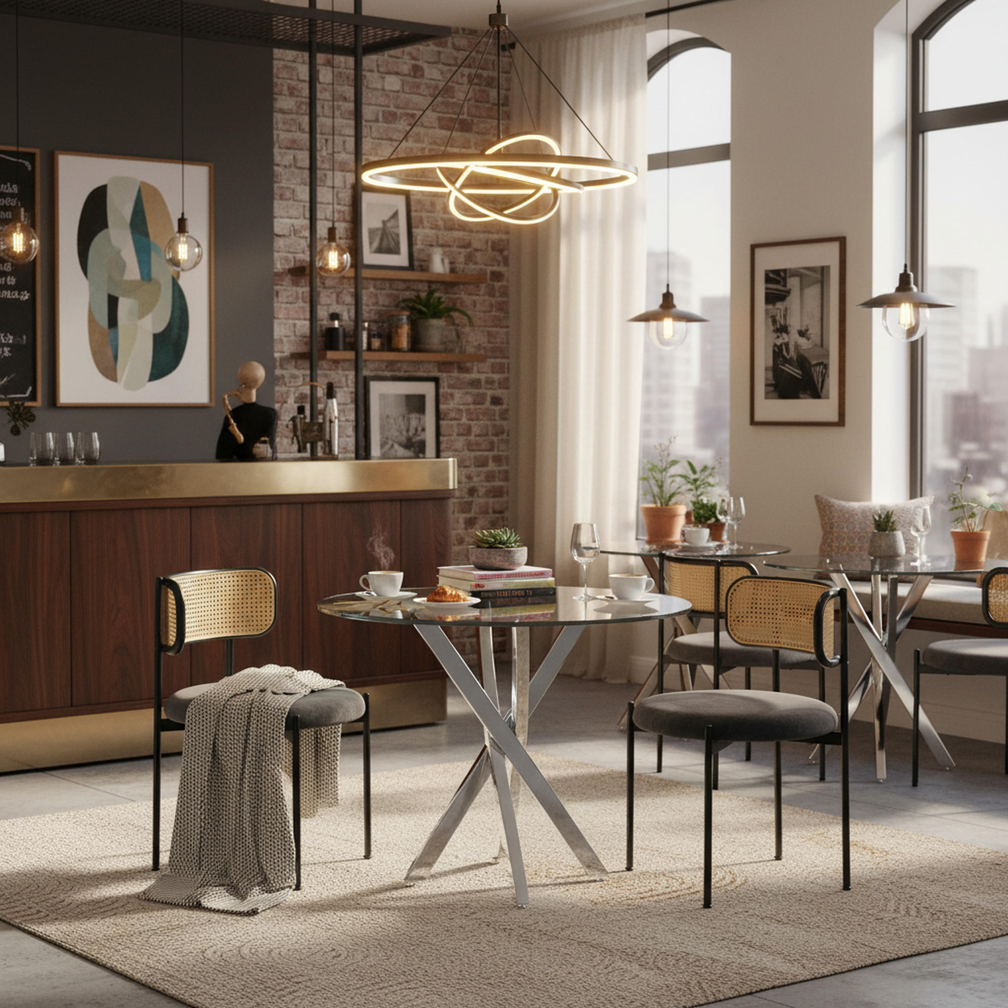 ESSZIMMERTISCH SET GLASPLATTE & METALLBEINE, RATTAN-RÜCKENLEHNE, GRAU/SILBER - Grau, Glas/Textil (80/75/80cm) - Urban Meuble