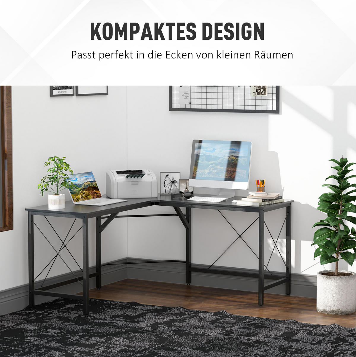 ECKSCHREIBTISCH L-Form 150 x 150 x 76 cm Stahl Schwarz - Schwarz, Metall (150/150/76cm) - Meubliv