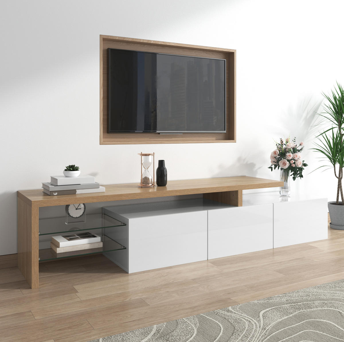 TV-ELEMENT mit LED 197,5 x 39 x 42 cm Weiß Holzoptik - Weiß, Glas (39/42/197.5cm) - Beauniv