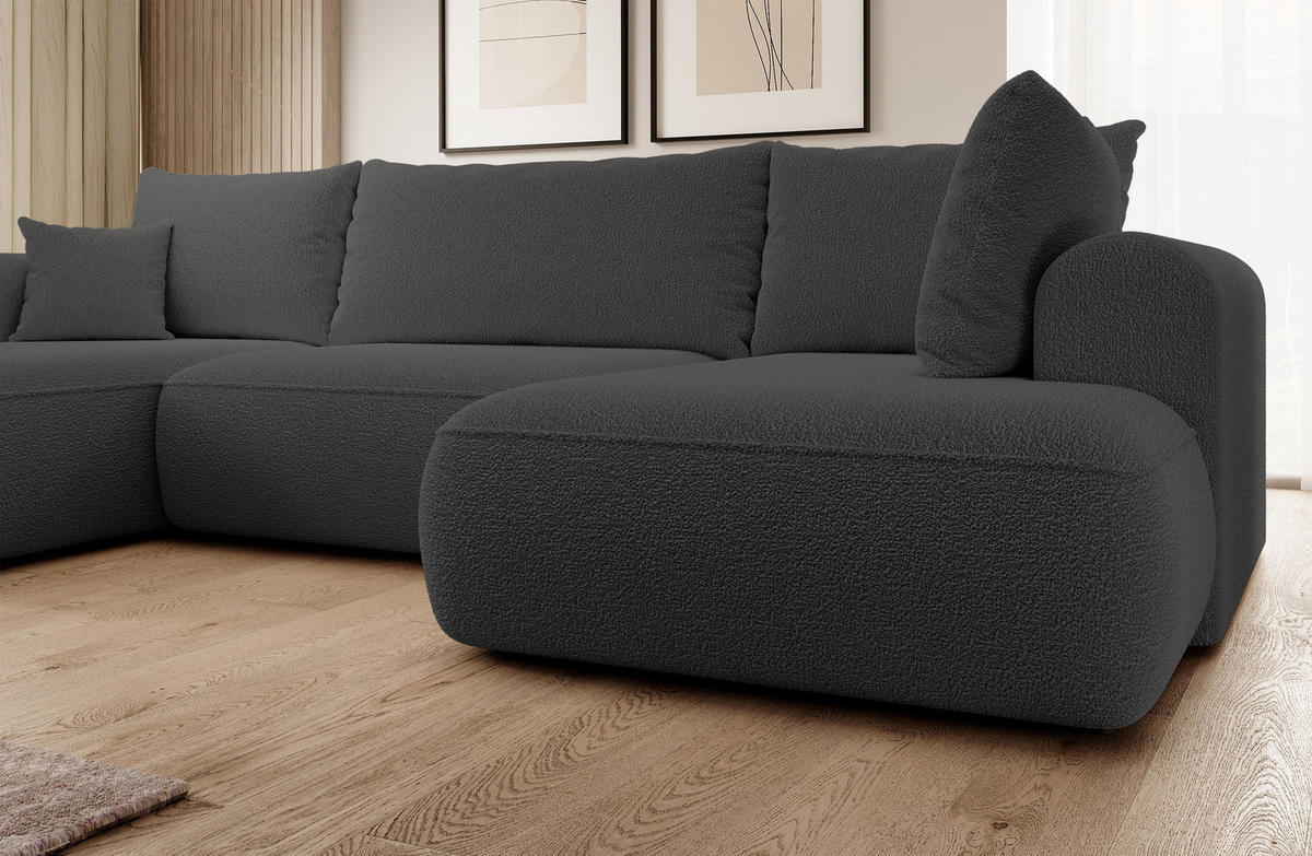 WOHNLANDSCHAFT Ovo Dunkelgrau Boucle - Dunkelgrau/Schwarz, Textil (375/95/185cm) - Selsey