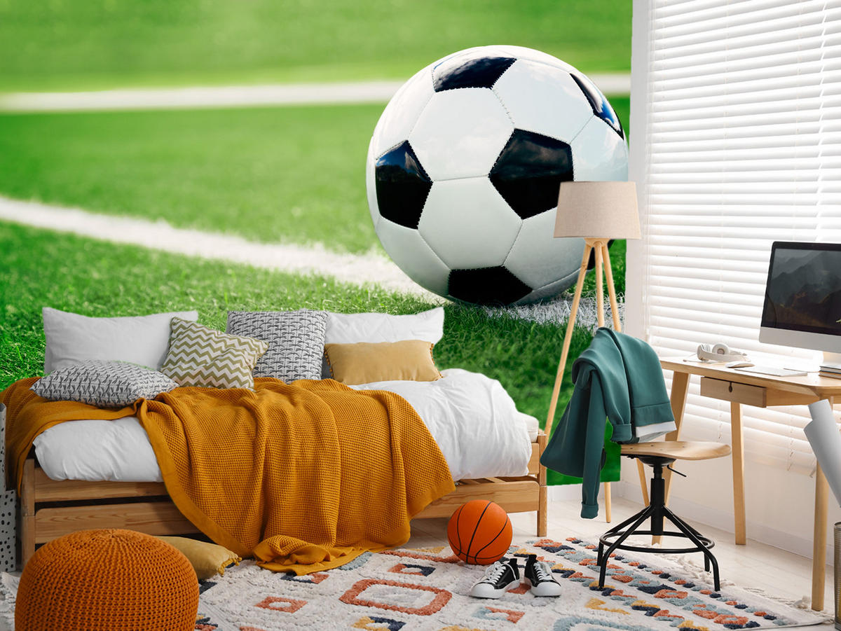 FOTOTAPETE für Jugendzimmer Fußball Grüne Rasen Stadion Sport 300x210 - Schwarz/Weiß, Papier (300/210cm) - Muralo