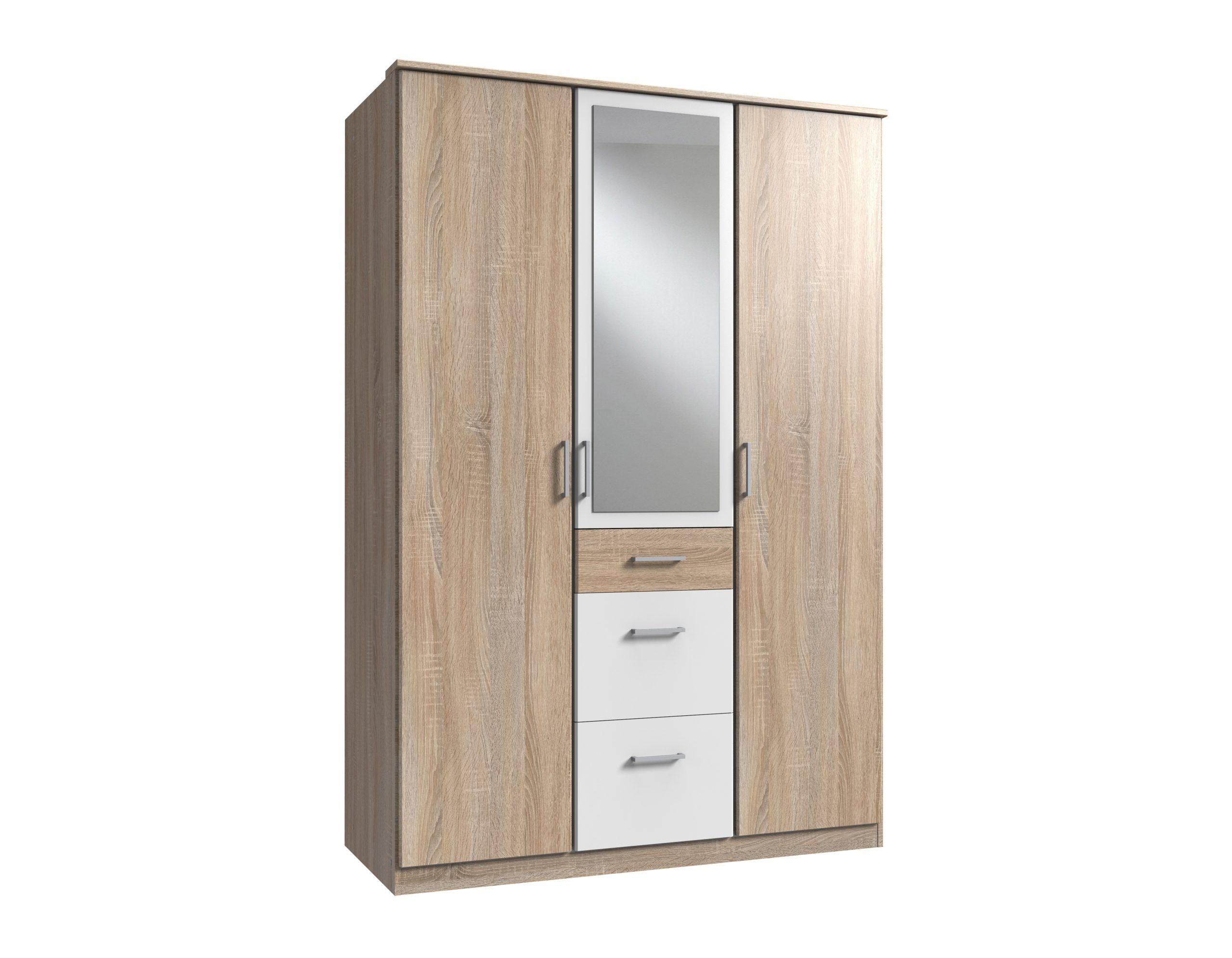 KLEIDERSCHRANK Click in Eiche Sägerau mit Weiß - Drehtürenschrank 135 cm Breite mit Spiegel - Braun, Holzwerkstoff (135/199/58cm)