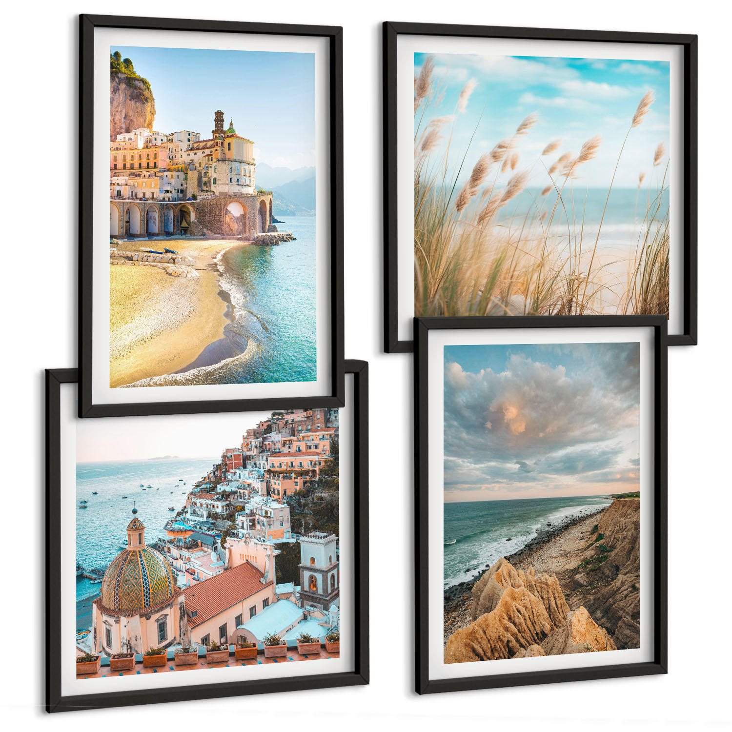 BILDER SET 4er Set - 50x50 cm & 40x60 cm Schwarzer Rahmen - Landschaften Strand Stadt Klippen - Schwarz, Kunststoff (50/50cm) - TULUP