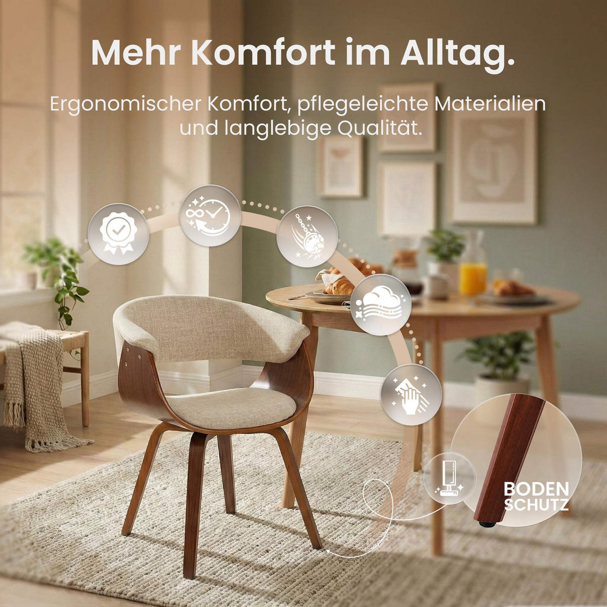 STUHL Stoff Creme - Walnussfarben/Creme, Holz/Textil (60/75/55cm) - CLP