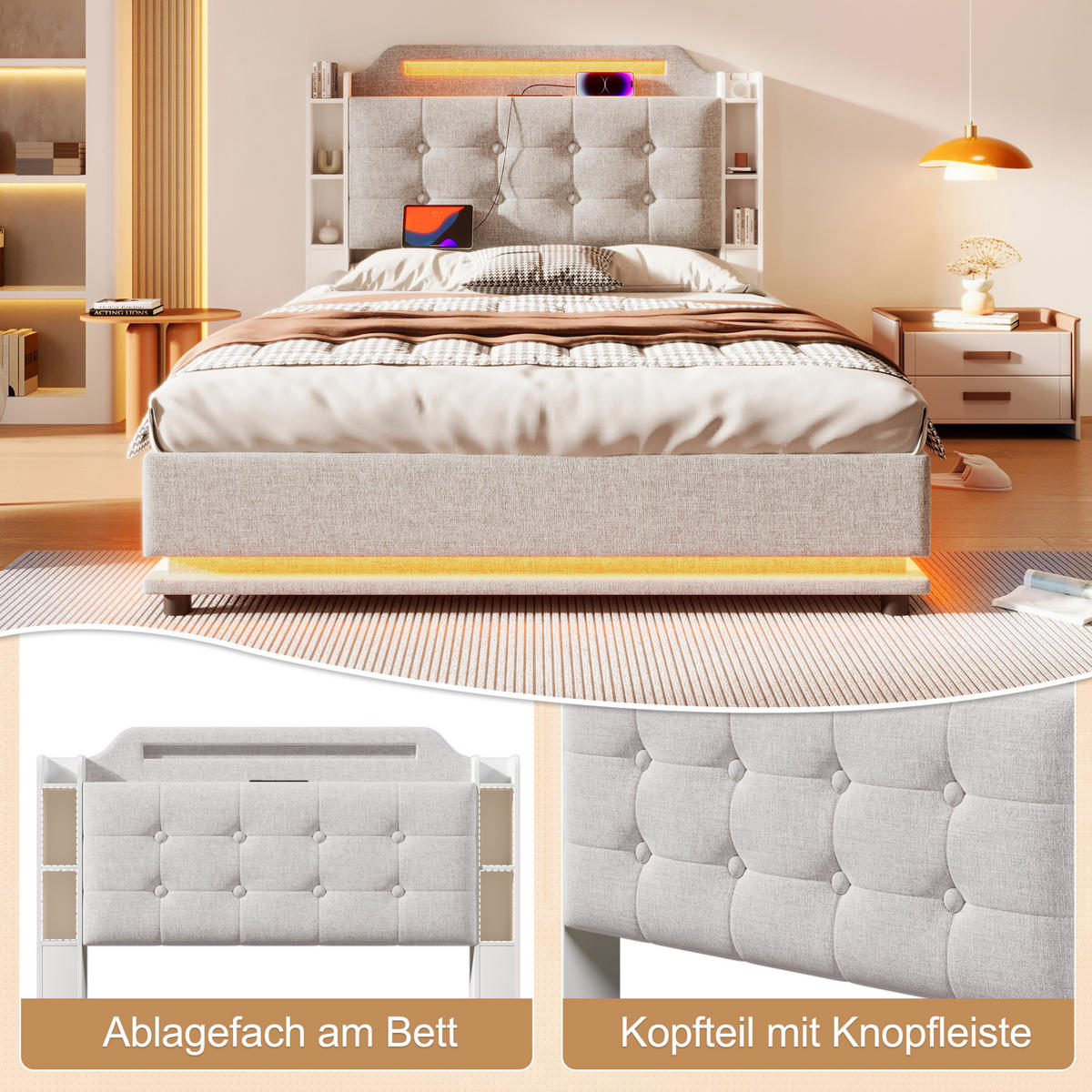 POLSTERBETT 140/200 cm Beige aus Leinen mit LED-Lichtleiste und Stauraum - Beige, Textil (140/200cm) - OKMYHOME