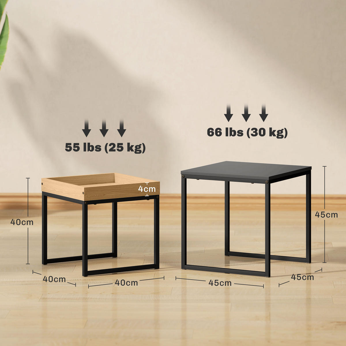 2ER-SET Couchtisch, Eckiger Beistelltisch, Kaffeetisch mit Stahlgestell bis 30kg - Schwarz, Metall (45/45/45cm) - HOMCOM