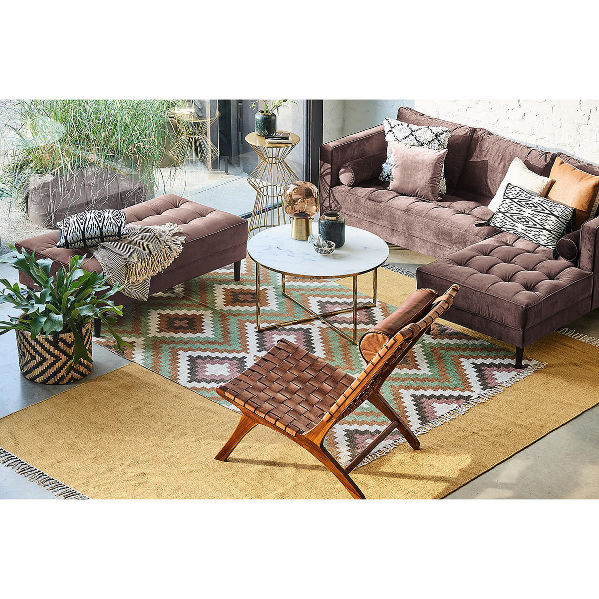 HOCKERBANK - Samt - Mauve, Birkenholz/Textil (124/43/69cm) - home24