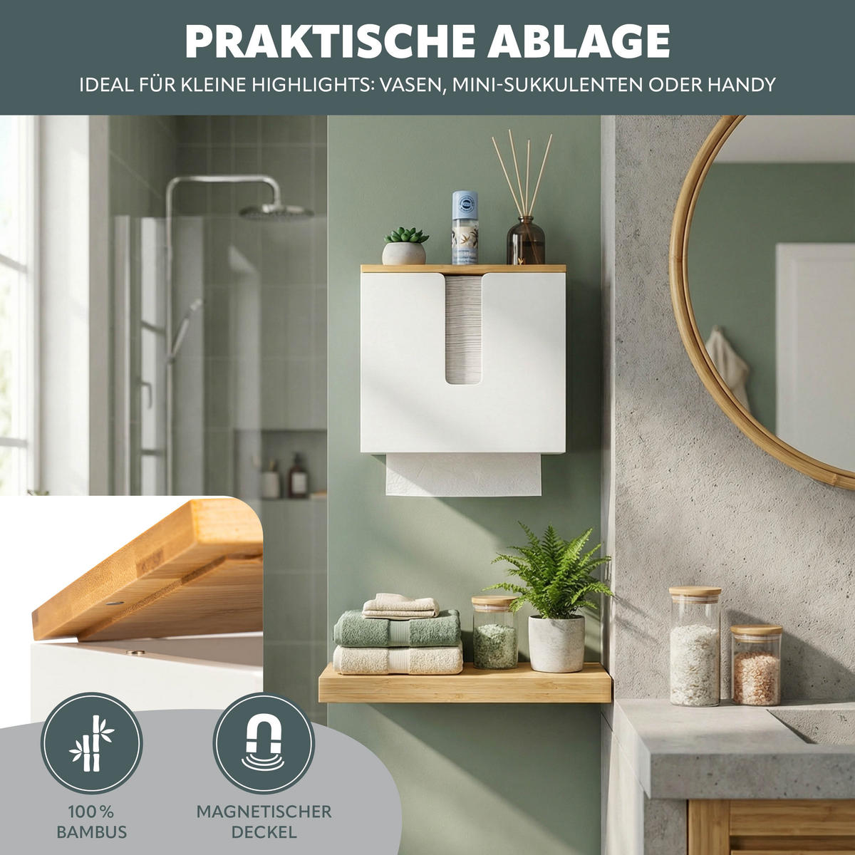 PAPIERHANDTUCHSPENDER mit Bambus-Einsatz - Weiß, Naturmaterialien (29/25/15cm) - eluno