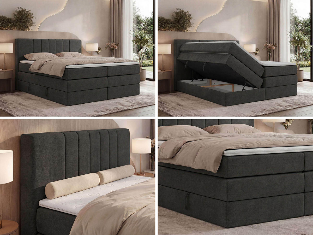 BOXSPRINGBETT INERO KING 180/200 - Dunkelgrau Stukture - Topper Visco - H3 - Dunkelgrau/Schwarz, Kunststoff/Textil (180/200cm) - MKS