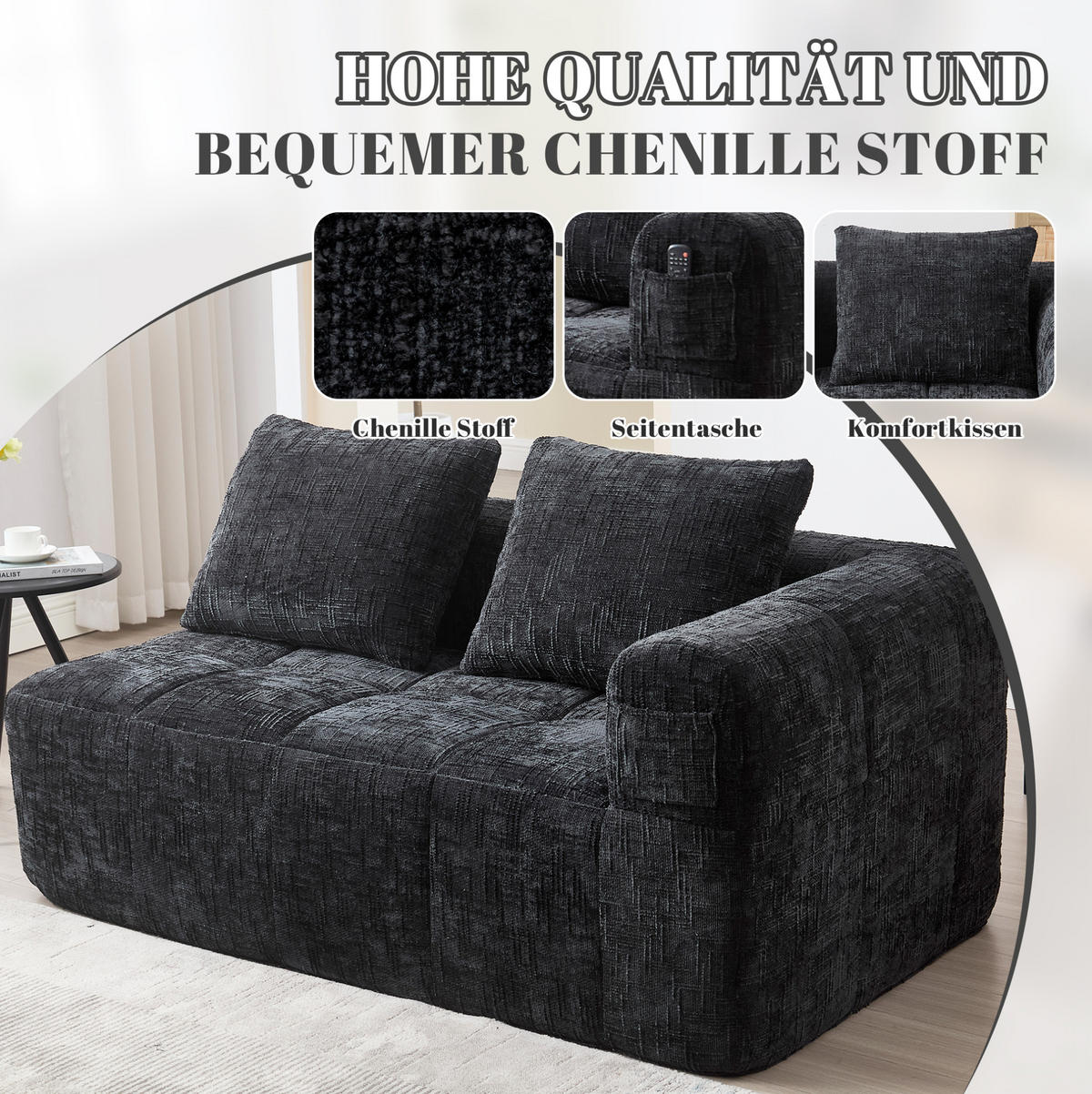 SOFA od chenillea, 158/90/60 cm crna, s bočnim džepovima i jastukom - crna, tekstil (60/160/90cm) - BEAOK