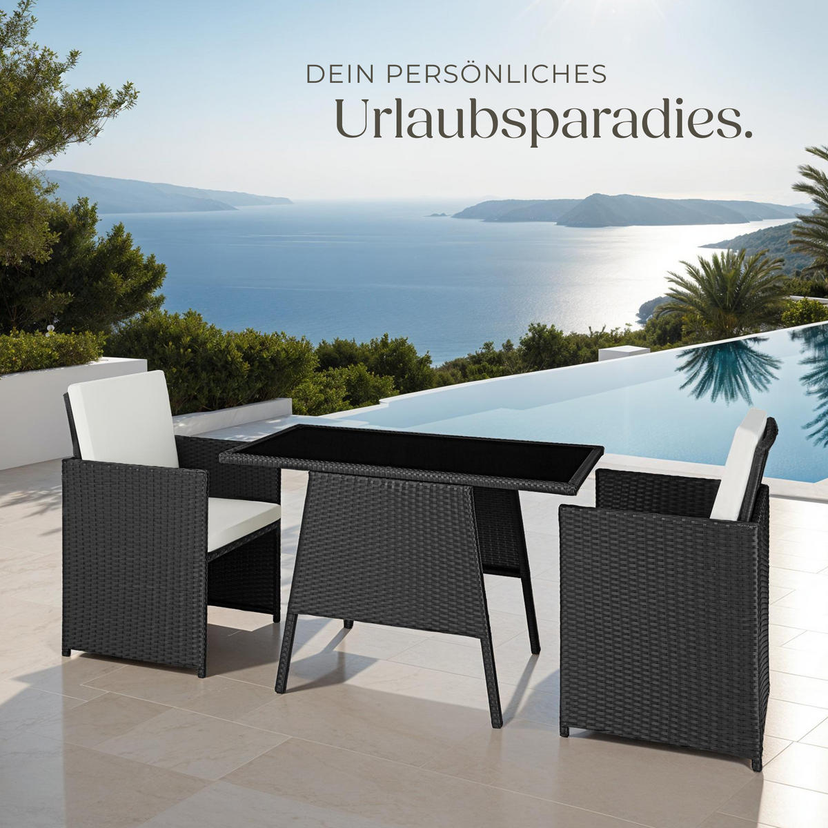 RATTAN SITZGRUPPE Lausanne,zusammenschiebbar,schwarz - Schwarz, Kunststoff - tectake