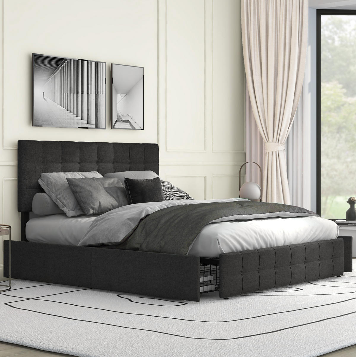 POLSTERBETT 140/200 cm mit 4 Schubladen, höhenverstellbarem Kopfteil & Stahl-Lattenrost, Schwarz - Schwarz, Textil (140/200cm) - Redom