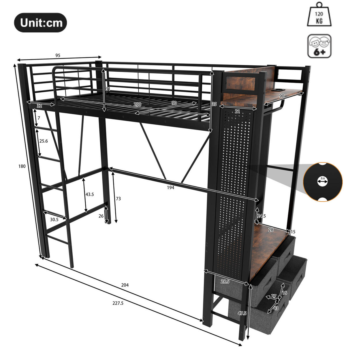 HOCHBETT 90/200 cm Schwarz aus Metall und MDF mit 4 Schubladen - Schwarz, Metall (90/200cm) - OKMYHOME