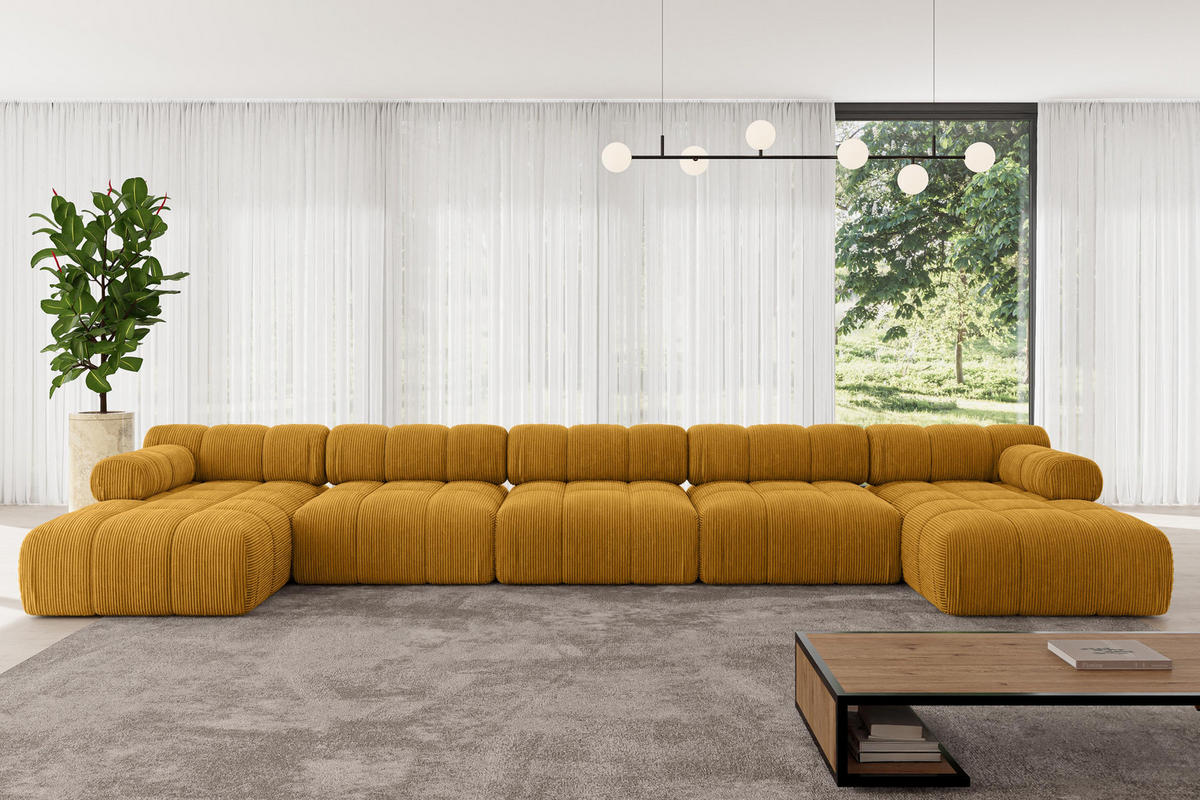WOHNLANDSCHAFT modulares Sofa Tesso-U3 - 475x160x70 cm Senfgelb Cord - Currygelb, Holzwerkstoff/Textil (475/70/160cm) - ALTDECOR