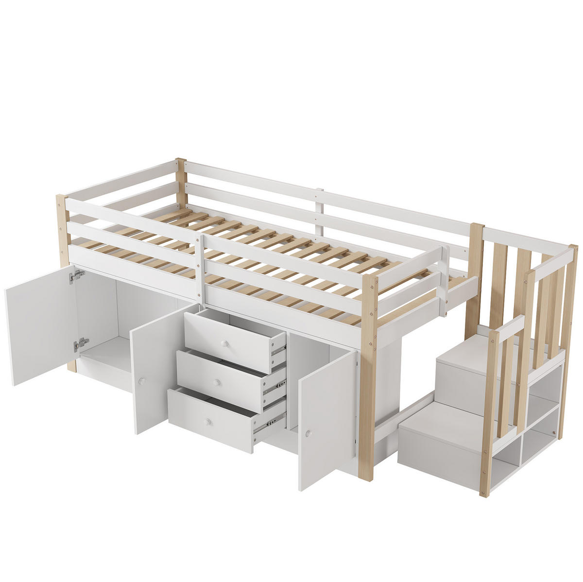 KINDERHOCHBETT 90/200 cm mit Treppe, Schubladen, 2 Schränken und Kleiderstange aus MDF, Weiß - Weiß, Holzwerkstoff (90/200cm) - Redom