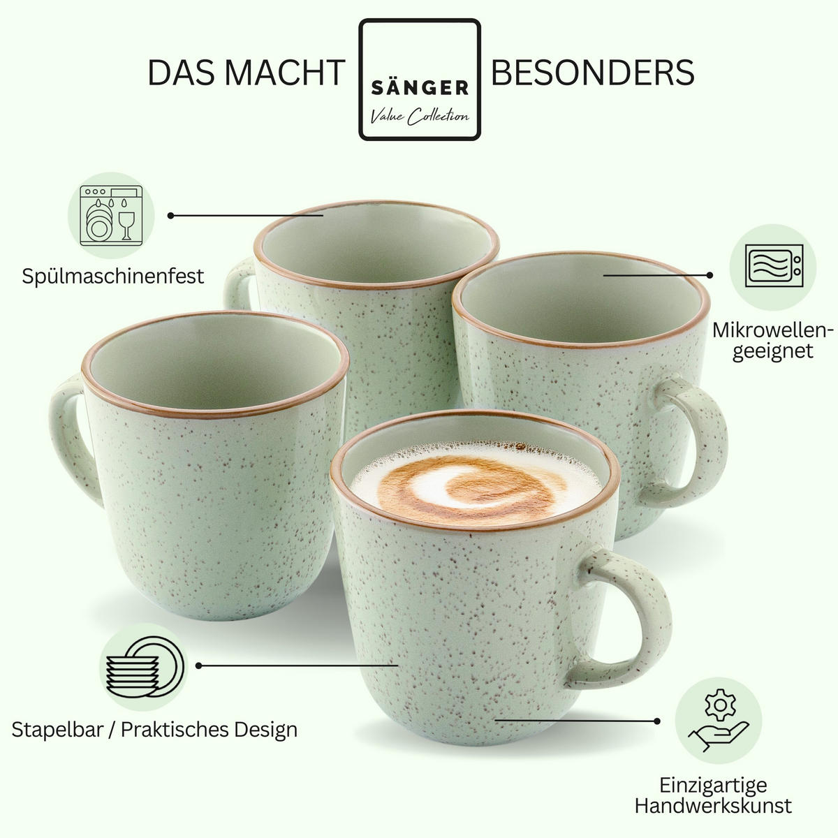 KAFFEEBECHER SET RIO MINZE- 4 teilig aus Steingut - Grün, Keramik (0.43L) - Sänger