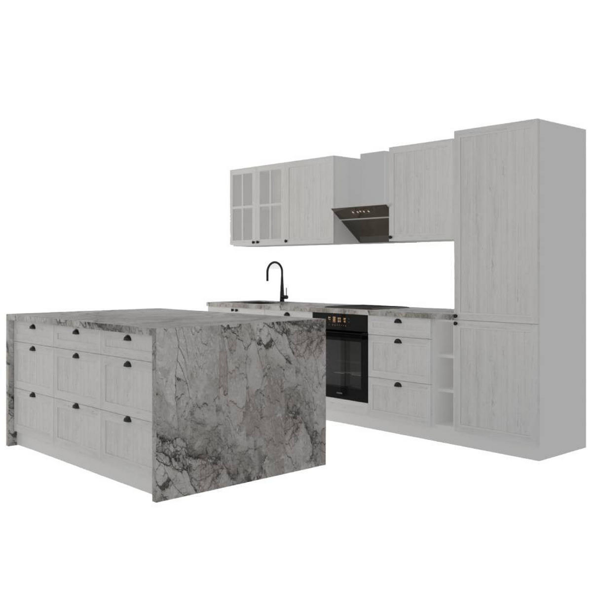 KÜCHENZEILE Mit Insel 340 cm - Provence K27-M340 - in Andersen Kiefer - Schwarz/Kieferfarben, Holz/Holzwerkstoff (340/212/60cm)