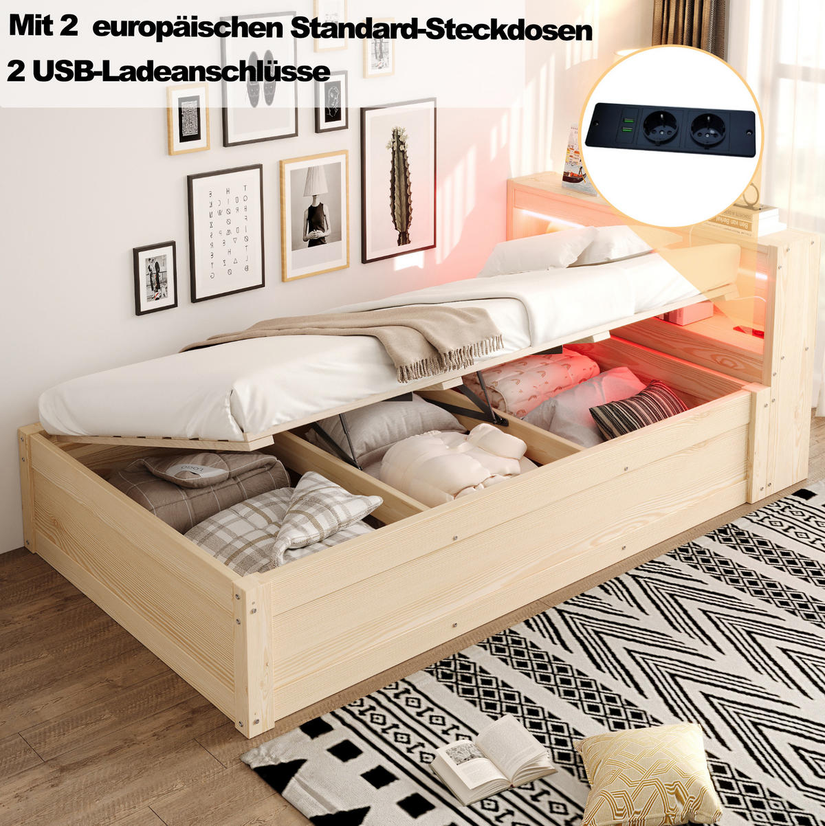 BETT 90/200 cm aus MDF mit LED-Lichtleiste, Holzfarbe - Eichefarben, Holzwerkstoff (90/200cm) - OKMYHOME