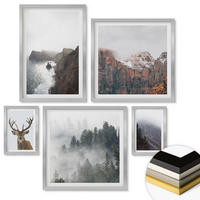 WANDBILDER 5er Set - 50x50 cm & 20x30 cm & 40x60 cm Silberner Rahmen - Berglandschaft Nebel Hirsch - Silberfarben, Kunststoff (40/60cm) - ArtPrintCave