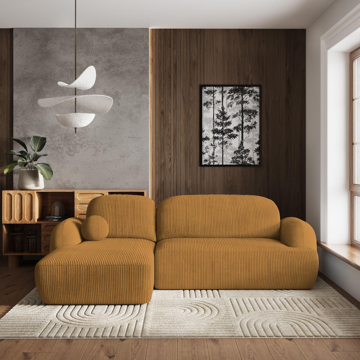 ECKSOFA MODENZA P L-S Gelb Kordstoff mit Schlaffunktion - Gelb, Holz (266/148cm) - MASSENO