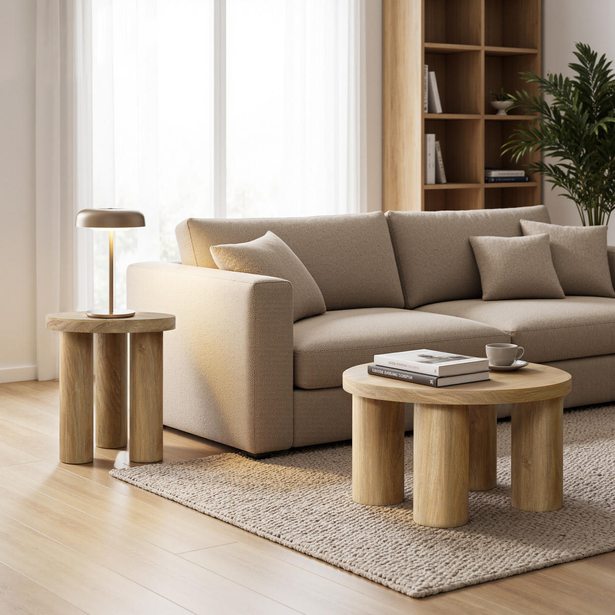 RUNDER Couchtisch aus Holz in Eichenoptik mit 4 Säulenbeinen | Ø70 x H40 cm - Braun, Holzwerkstoff (70/70/40cm) - Hometopia