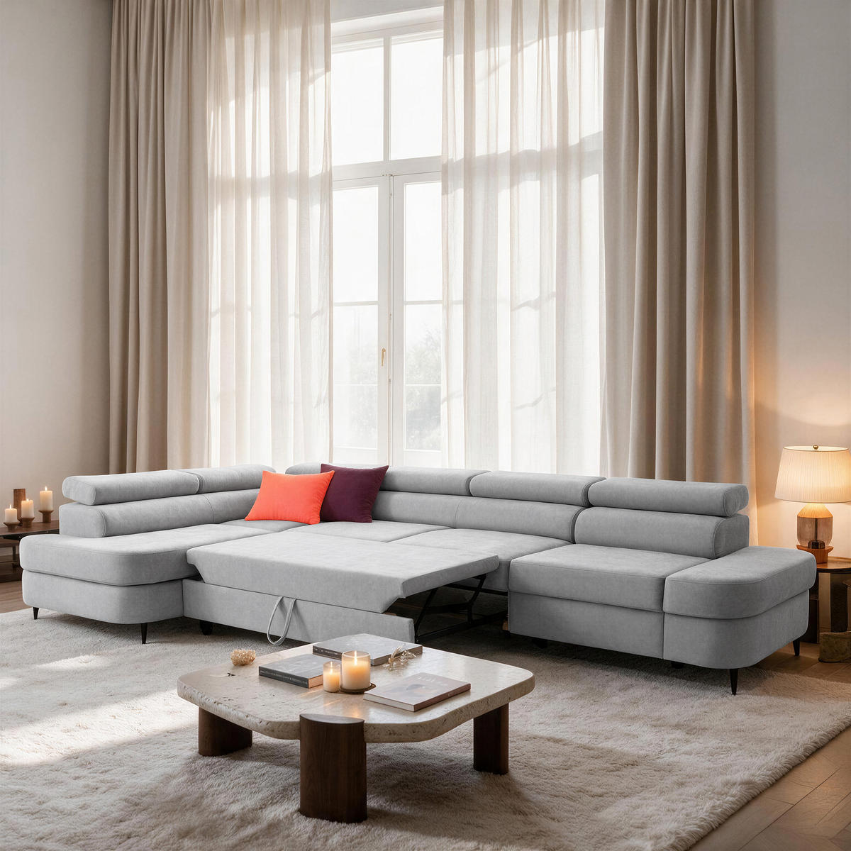 ECKSOFA PRIAM MAXI L-Form Links mit Schlaffunktion 125x195 Velours Hellgrau - Hellgrau/Schwarz, Holz/Textil (203/350cm) - Muffo