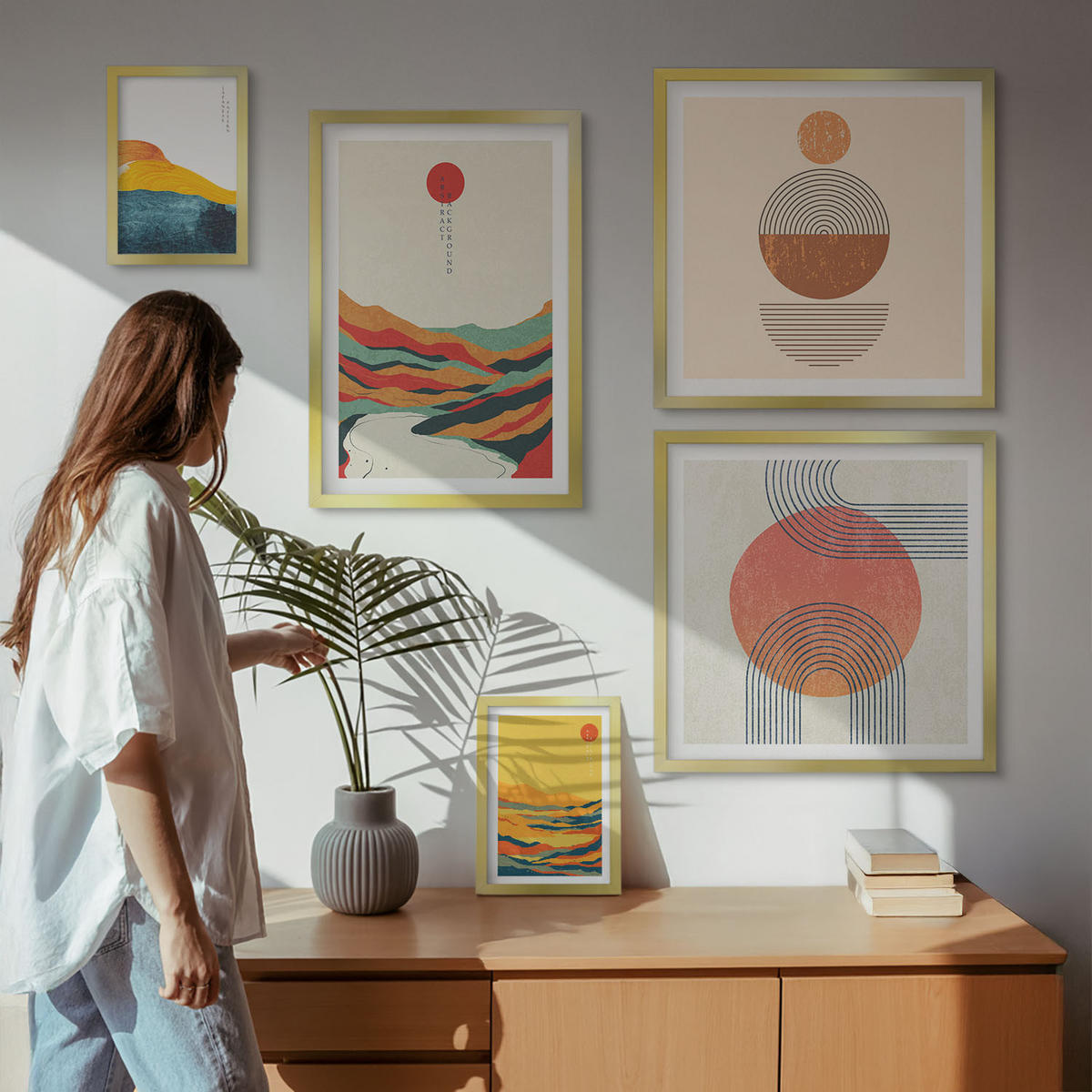 WANDBILDER 5er Set - 50x50 cm & 20x30 cm & 40x60 cm Goldrahmen - Abstrakte Berglandschaften - Goldfarben, Kunststoff (40/60cm) - ArtPrintCave