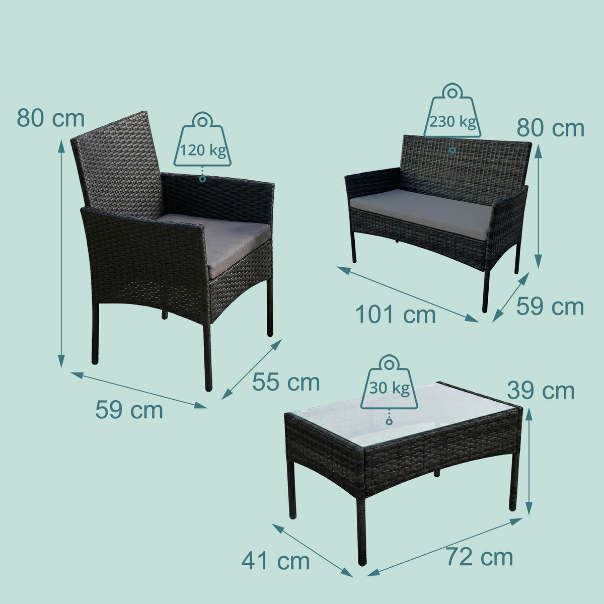 4-TLG.GARTENMÖBEL-SET - Schwarz, Glas/Kunststoff - Relaxdays