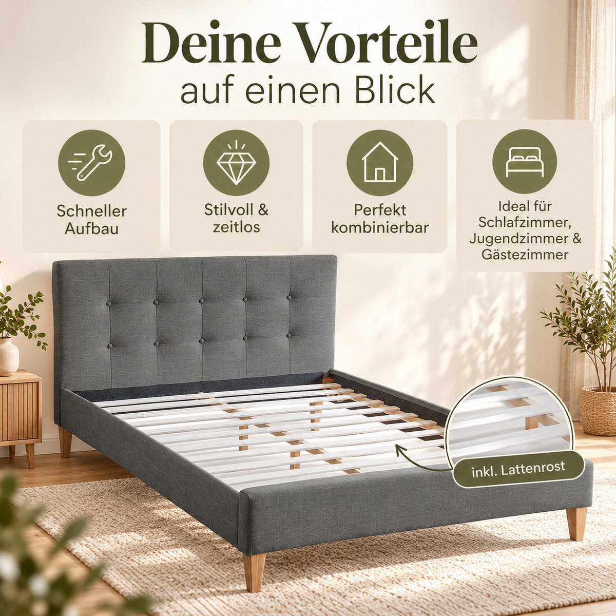 POLSTERBETT mit Lattenrost 180/200 cm in Grau - Grau, Textil (180/200cm) - Homestyle4u