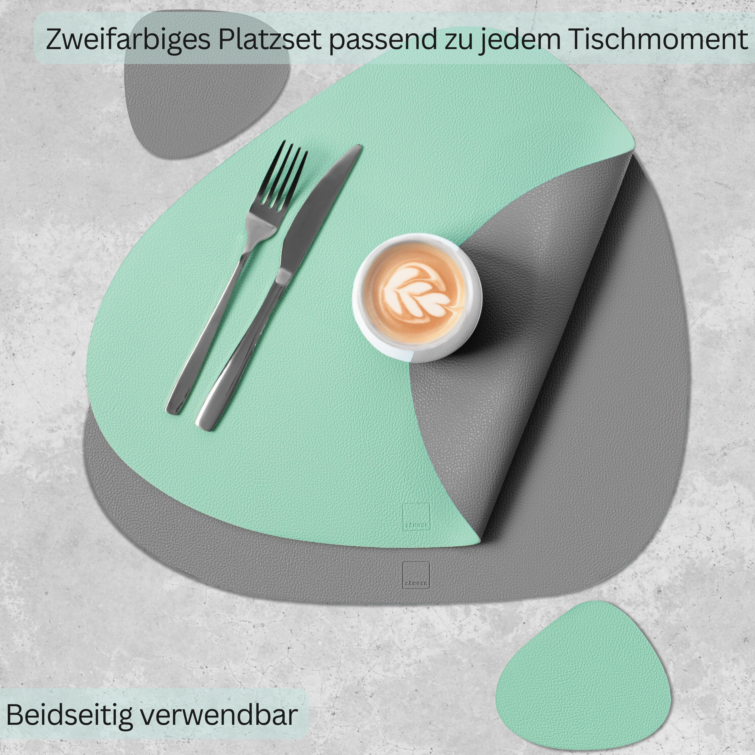 TISCHSET - Kunstleder - Doppelseitig - Grau/Mint - Organisch - 44x37cm - 12 Stück - Mintgrün, Kunststoff (44/37cm) - Sänger