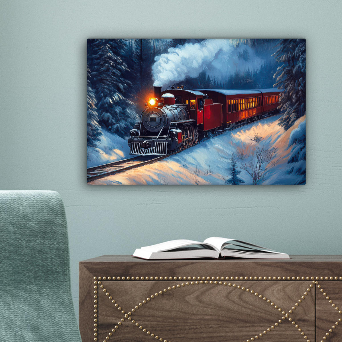 LEINWANDBILD Zug - Weihnachten - Schnee - Weihnachtszug Deko Schlafzimmer 30x20 cm - Anthrazit, Textil (30/20cm) - MuchoWow