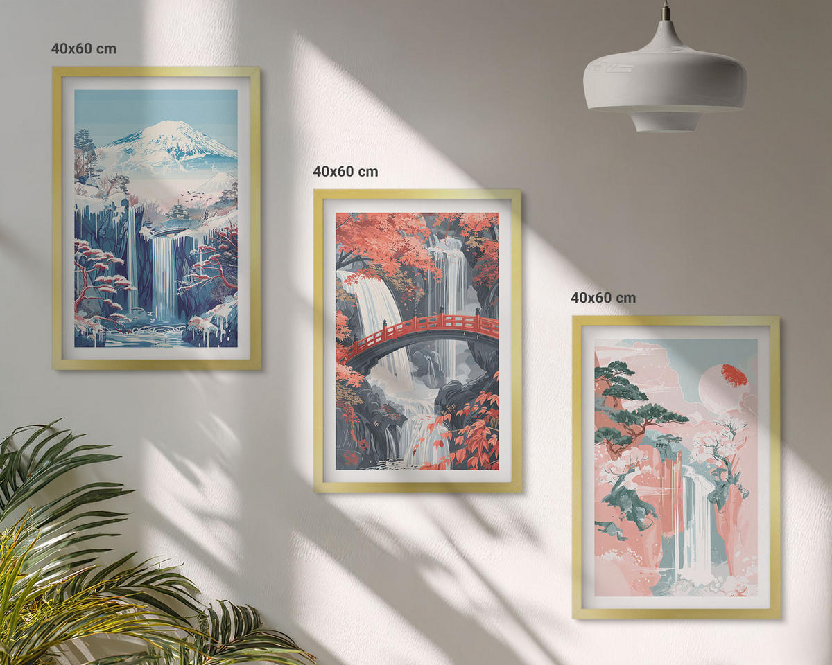 WANDBILDER 3er Set - 40x60 cm Goldrahmen - Wasserfälle, Berge, Brücken, Bäume - Goldfarben, Kunststoff (40/60cm) - ArtPrintCave