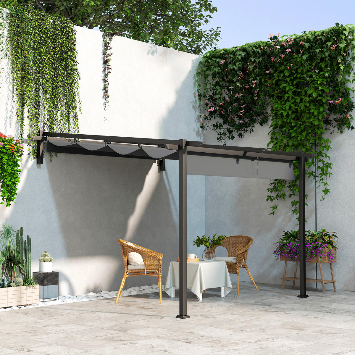 PAVILLON, 3 x 3 m Pergola, Winddichtes Terrassendach, Wandmontage, Verstellbares Dach, für Garten, Terrasse, Dunkelgrau - Dunkelgrau, Metall (297/230/297cm)