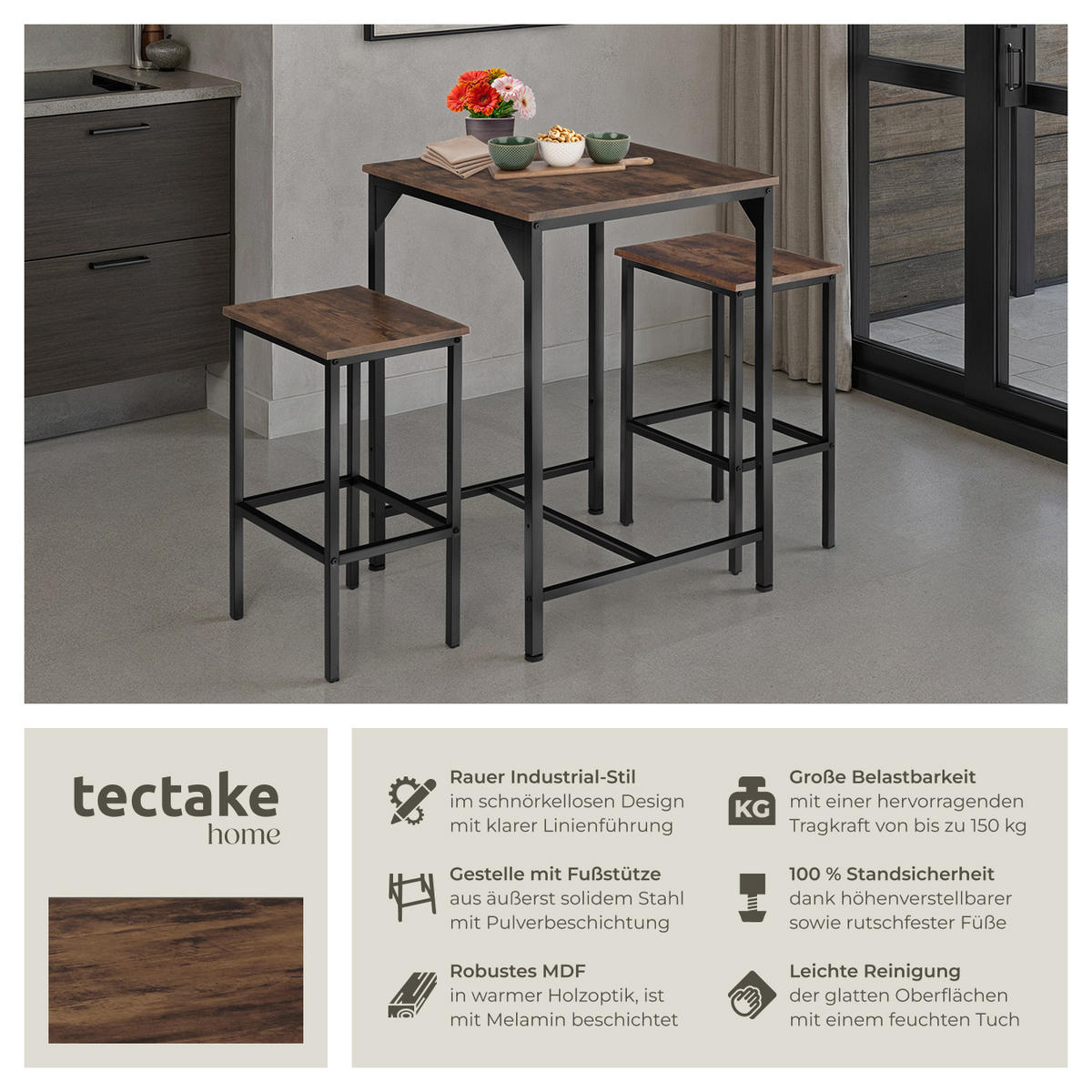 BARSET Inverness,mit höhenverstellbaren Kunststofffüßen,Industrial Holz dunkel, rustikal - Rostfarben, Holzwerkstoff (60/91/120cm) - tectake