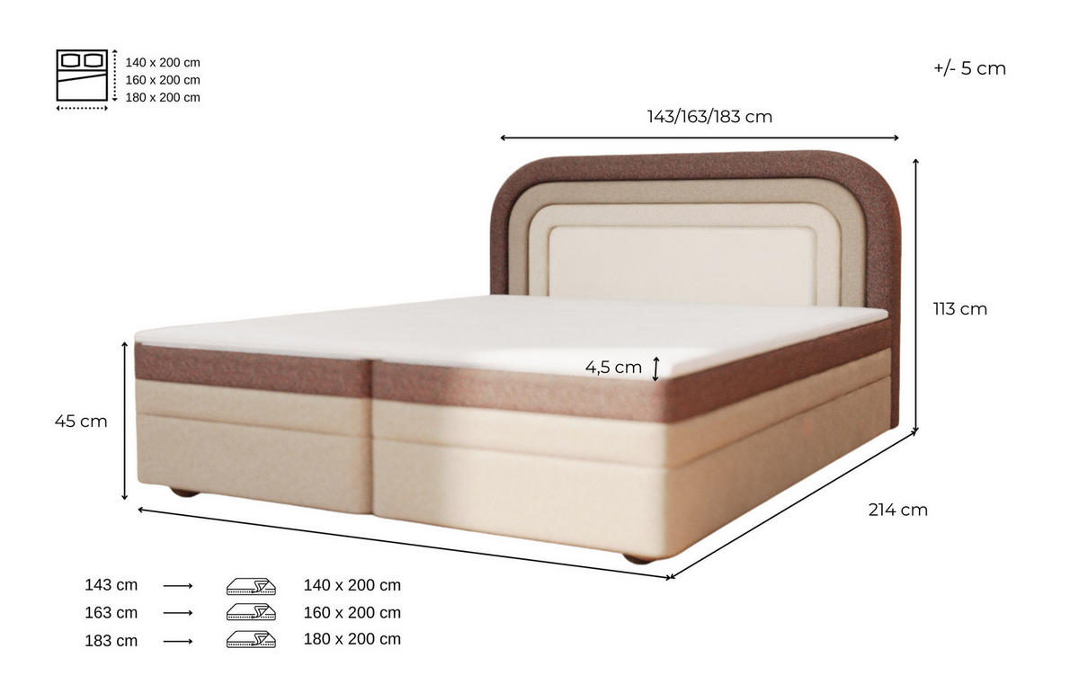 KONTINENTALBETT - Boxspringbett Nest 160x200 - Kupferfarben - Aragon 59 + Aragon 62 + Aragon 3 + Aragon 1 - Kieferfarben/Kupferfarben, Holzwerkstoff/Textil (160/200cm) - Möblo