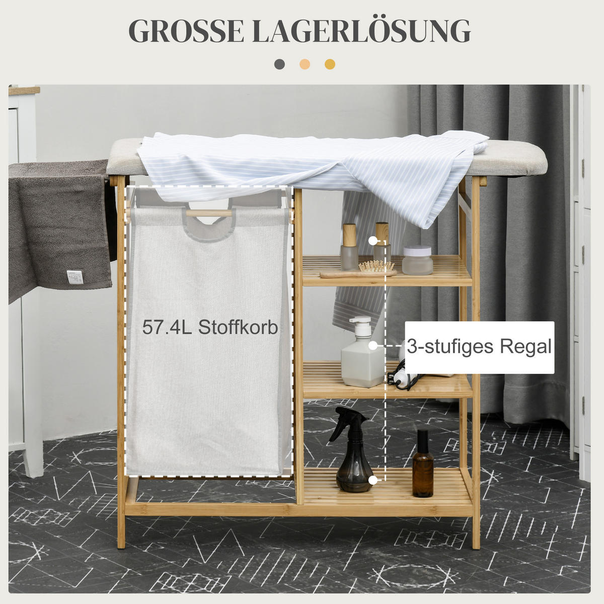WÄSCHEKORB, 57,4 L Wäschesammler mit Bügelbrett und Bügeleisen, Bambus, Natur - Multicolor, Kunststoff (34/82/113cm) - HOMCOM