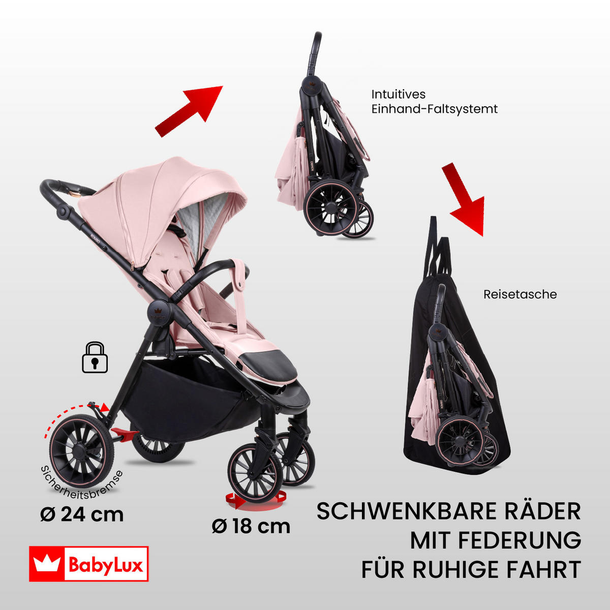 BUGGY Rombo, Klein und Leicht, Teleskopische Führung, Kompakt Faltbar, Wickeltasche, Reisetasche - Schwarz/Rosa, Textil/Metall (58/98cm) - BabyLux