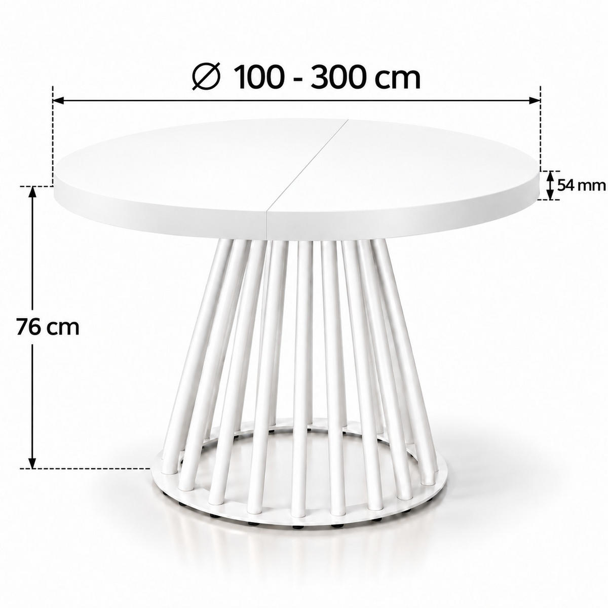 ESSTISCH rund ausziehbar 100/300/76 cm, Weiß, 54 cm Tischplatte + Lamellen-Metallgestell Weiß - Weiß, Holzwerkstoff/Metall (100/300/76cm) - Damale Möbel
