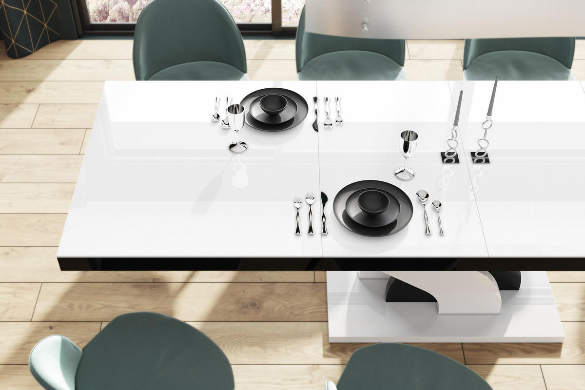 ESSTISCH rechteckig Weiß Hochglanz - Schwarz ausziehbar 160-256 cm - Schwarz Hochglanz/Weiß Hochglanz, Holzwerkstoff (89/160/75cm) - designimpex