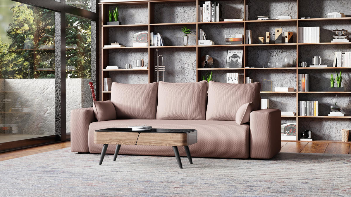 SOFA Bubi mit Bettkasten und Schlaffunktion, Cordstoff - Hellrosa, Holzwerkstoff (242/85/95cm)