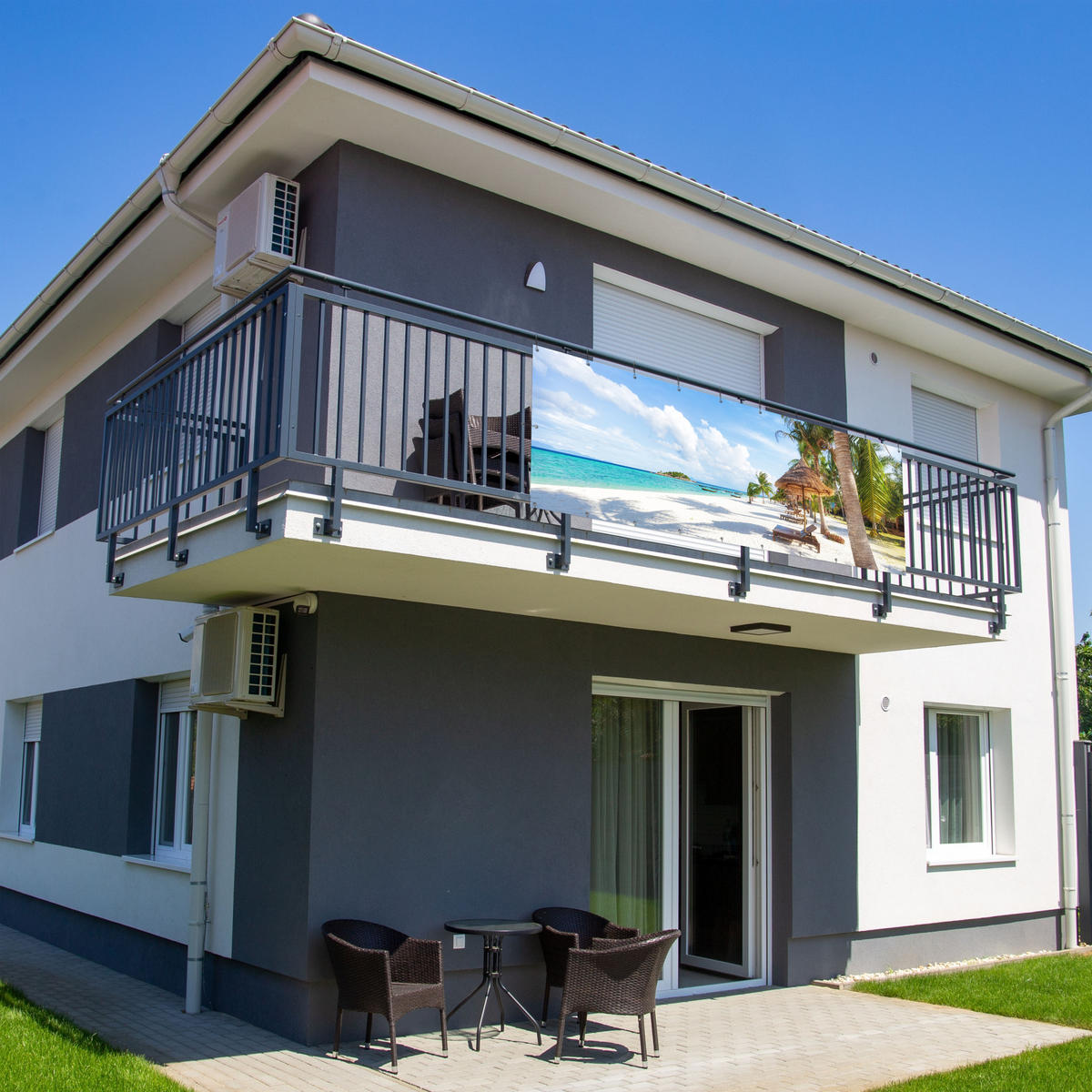 BALKON-SICHTSCHUTZ Strand - Meer - Palmen 300x110 cm - Hellblau, Kunststoff (300/110cm) - MuchoWow
