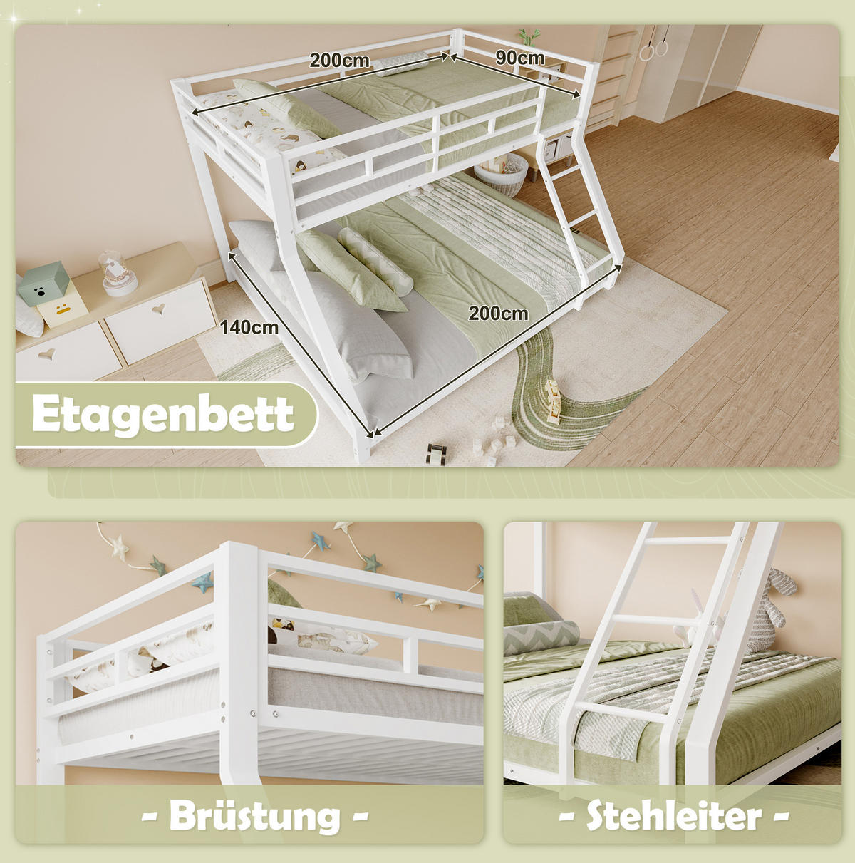 ETAGENBETT 90x200/140x200 cm in Weiß mit Treppe, Geländer und EN 747 Zertifizierung - Weiß, Metall (90/200cm) - IVMEU