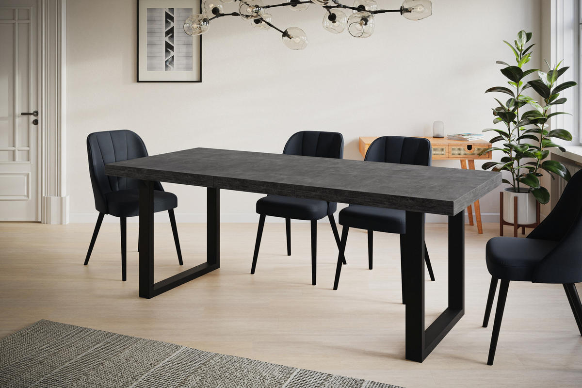 ESSZIMMERTISCH LOFT-U, ausziehbarer Tisch 140-240X80X77 cm, Farbe: Dunkelgrau, mit Metallbeinen in Farbe Schwarz - Dunkelgrau/Schwarz, Holzwerkstoff (140/80/77cm) - Alpi-Möbel