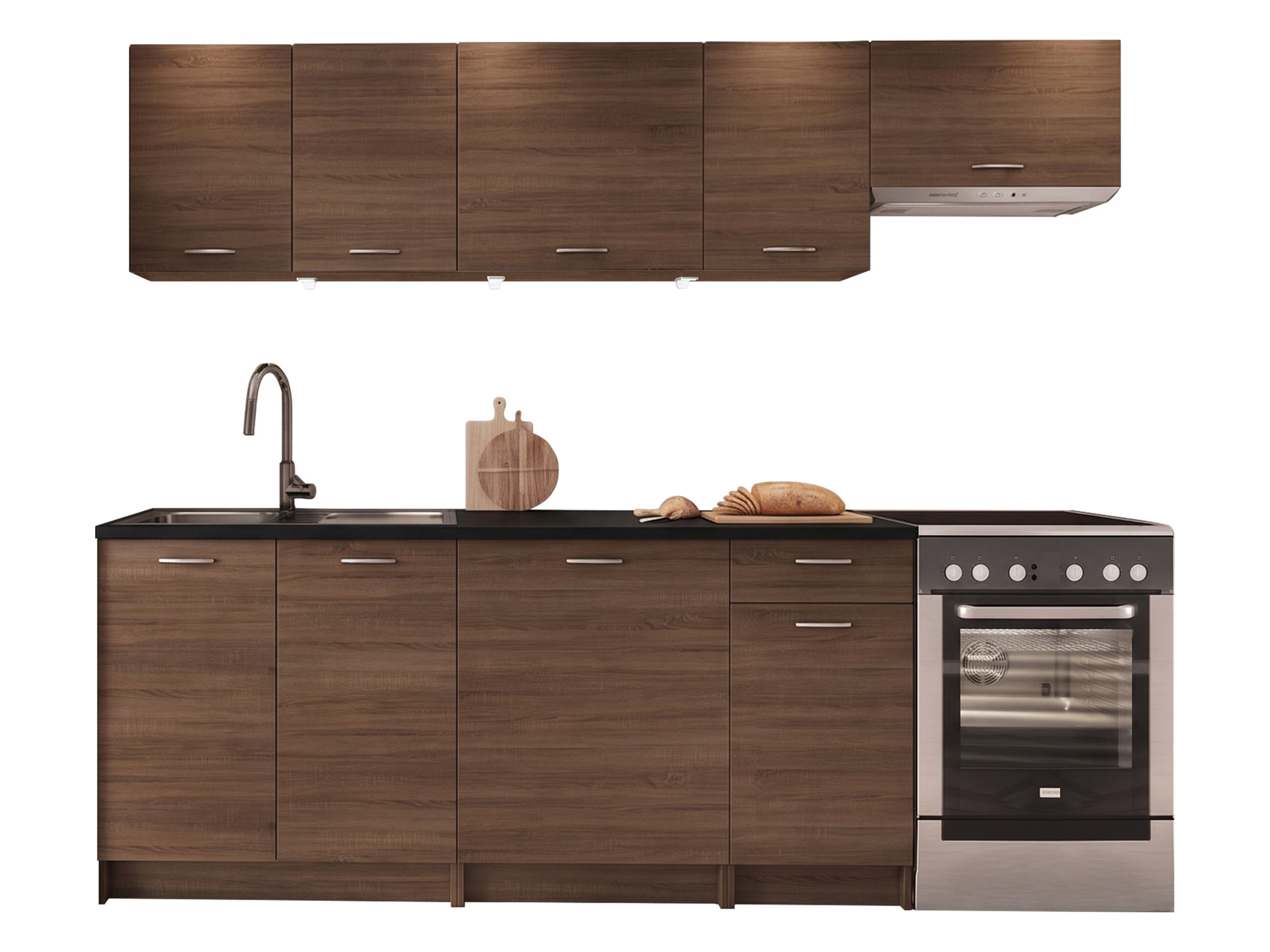 KÜCHENZEILE Mela 240 mit LED-Beleuchtung - Nussbaumfarben, Holzwerkstoff/Kunststoff (240/85/60cm) - MIRJAN24