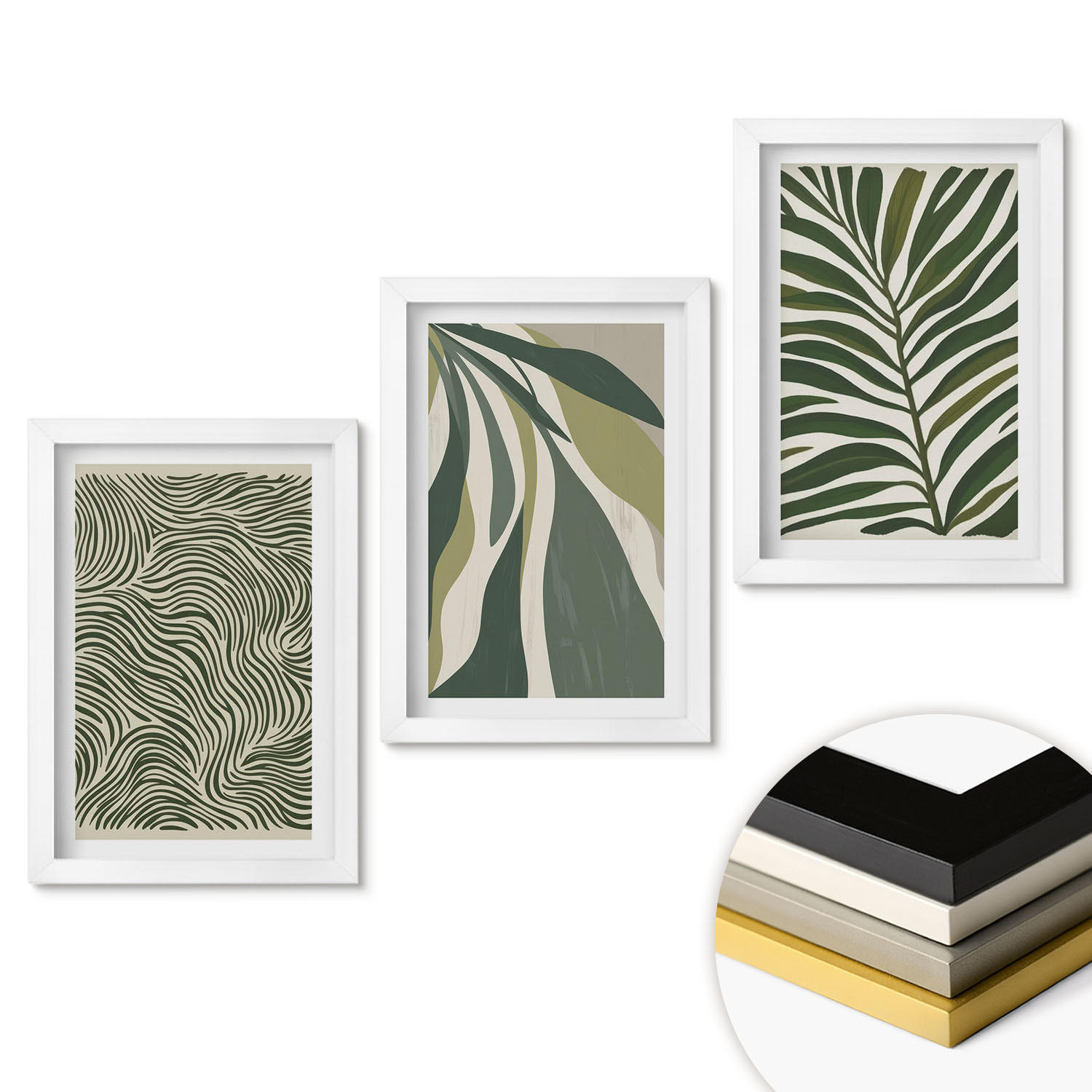 WANDBILDER 3er-Set - 20x30 cm Weißer Rahmen - Blätter mit wellenförmigen grünen Linien - Weiß, Kunststoff (20/30cm) - ArtPrintCave