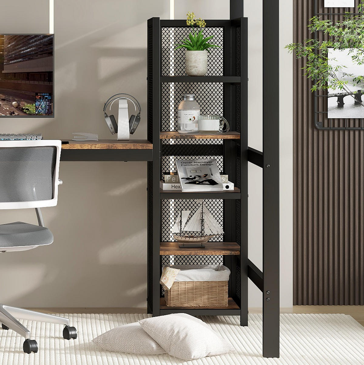 HOCHBETT 90/200 cm in Schwarz/dunkler Holzfarbe mit Tisch und Regalfächern, ohne Matratze - Schwarz, Metall (90/200cm) - MIVRAY
