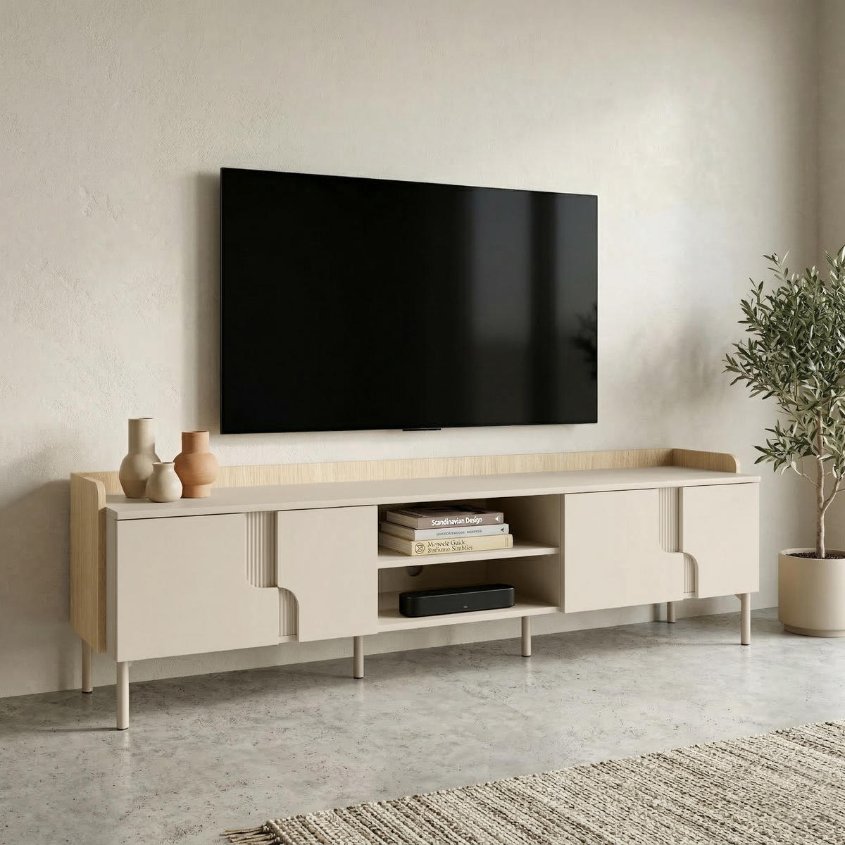 LOWBOARD Positivo mit 4 Türen, 200 cm, Mavelie-Eiche + Macadamia - Eichefarben, Holzwerkstoff (200/51/42cm) - Beautysofa