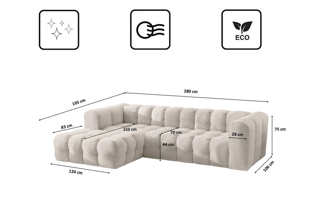 ECKSOFA L-form BALOO L, Chenille-Stoff Moly, Ecru, Links - Ecru, Holz (280/193cm) - Kaiser Möbel
