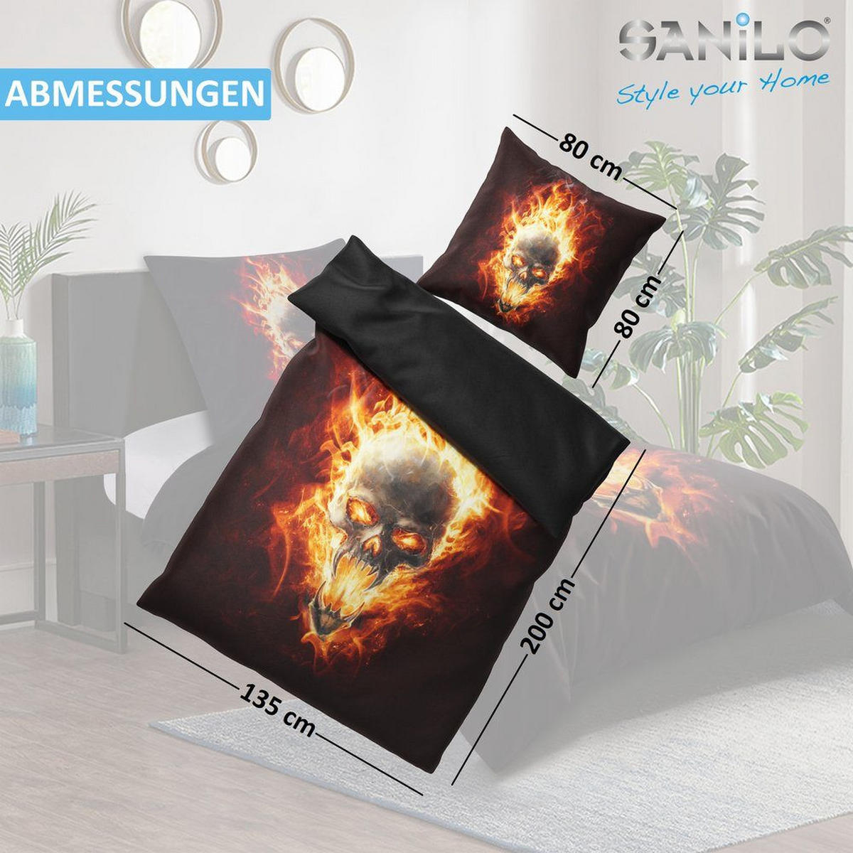 BETTWÄSCHE 4-teilig Totenkopf in Flammen - Braun, Naturmaterialien (135/200cm) - Sanilo